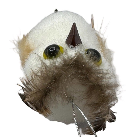 Vintage Flocked White Owl Christmas Ornament Real Feathers Clip-On Hang Bird - Picture 7 of 8